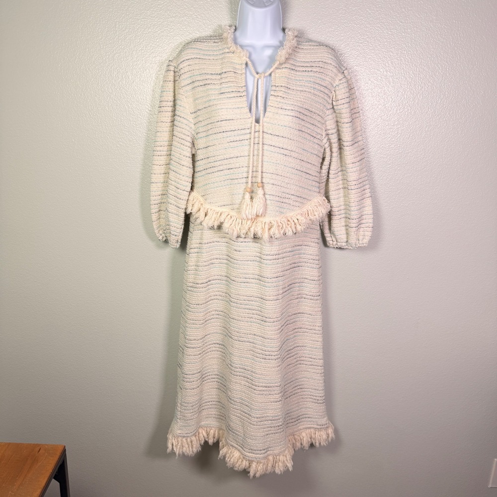Something Navy Women XS Midi Dress Cream Tweed Fringe Tassel Pockets Striped